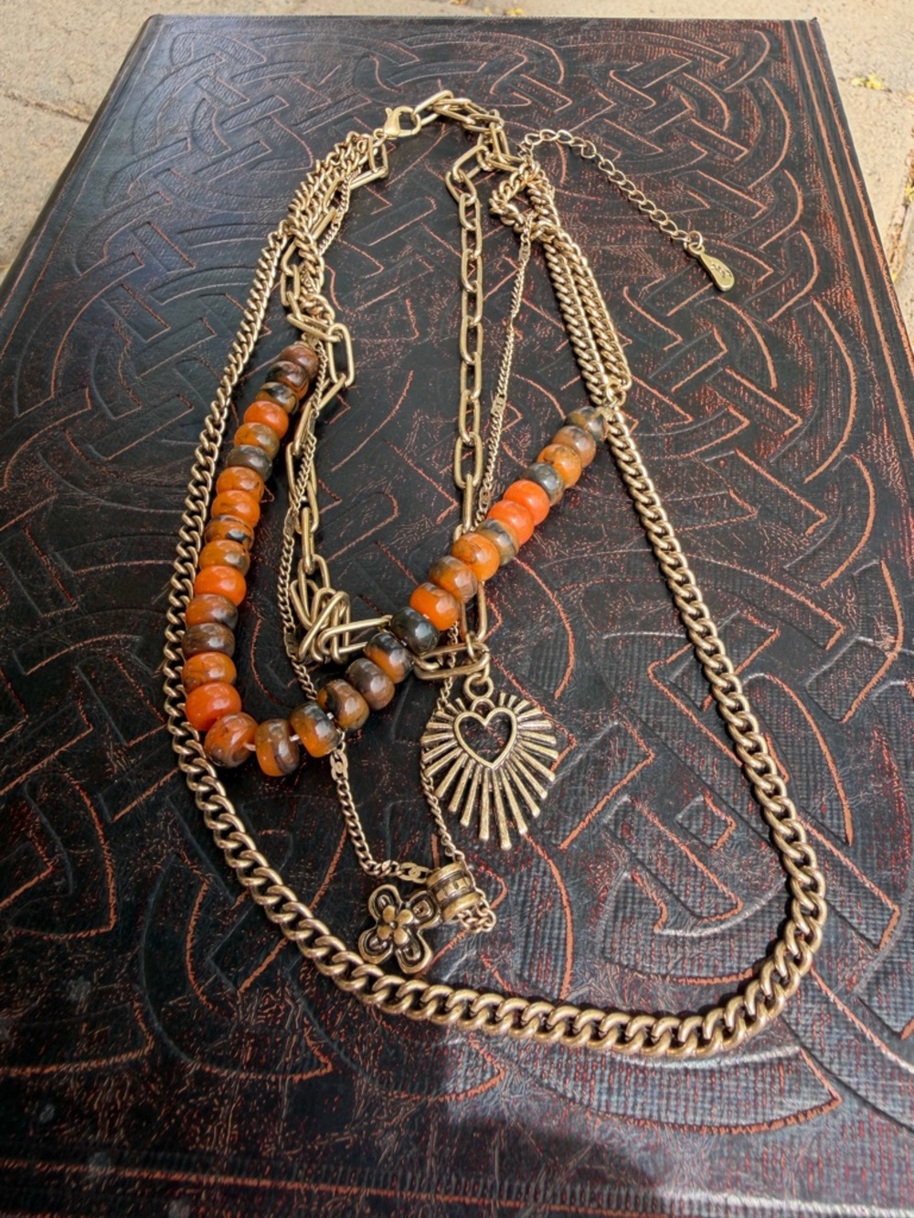 Free People Layered Gold-Tone Necklace with Orange Beads and Sunheart Pendant